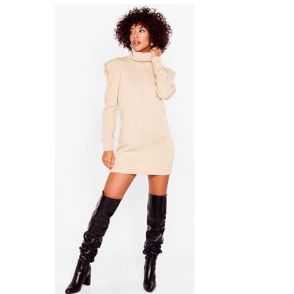 Nasty Gal Puff shoulders Turtleneck tan dress size M. New with tags - Picture 1 of 9